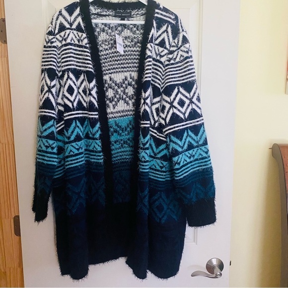 Lane Bryant Long Line Open Front Knit Eyelash Cardigan Aztec Blue Navy 26/28 - Picture 1 of 9
